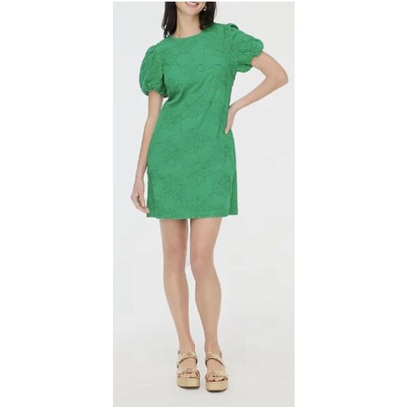 J. Crew Eyelet Puff Sleeve Mini Shift Dress‎ Pockets in Emerald Green Size 6 - Picture 1 of 12